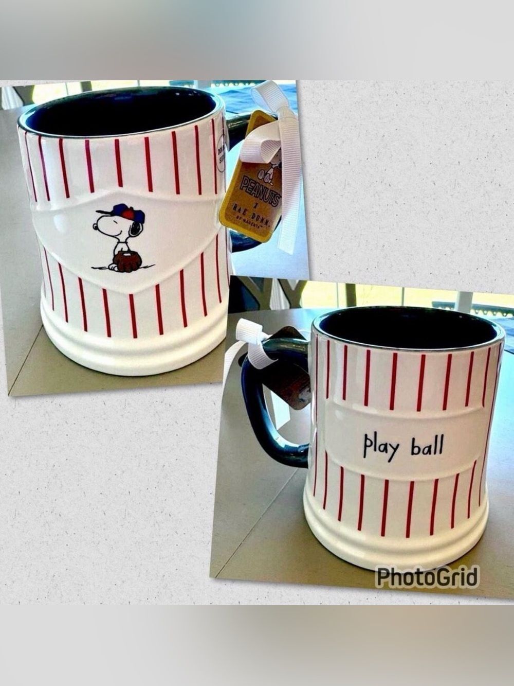 NWT Gorgeous Rae Dunn Peanuts Snoopy Play Ball Baseball Double Sided Big Mug - Picture 1 of 12